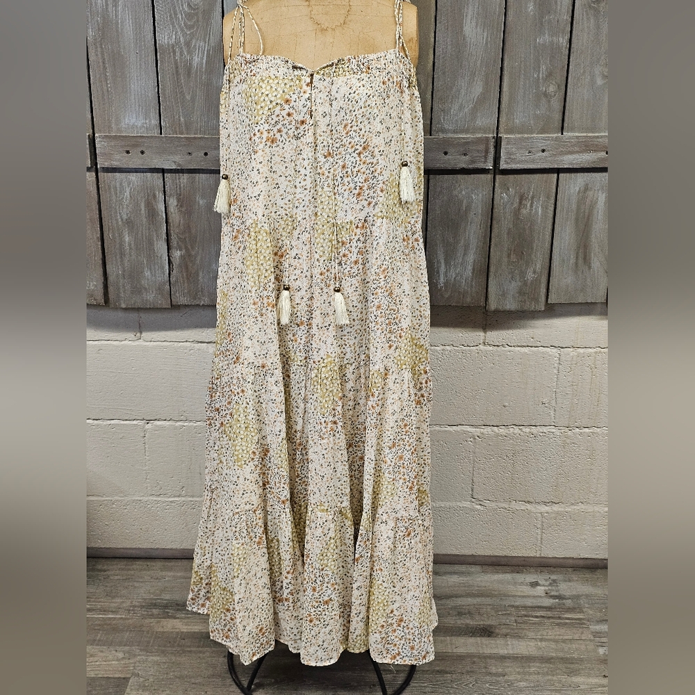 STORIA GISELE BOHO TASSEL TIERED‎ MAXI DRESS, SIZE L 100% Cotton
